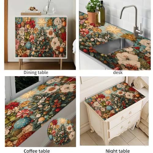 Image of Vintage Botanical Christmas Desktop Sticker 39.37x23.62In, Floral Holiday Tree Desk Decal, Waterproof Table Surface Sticker, Home Decor
