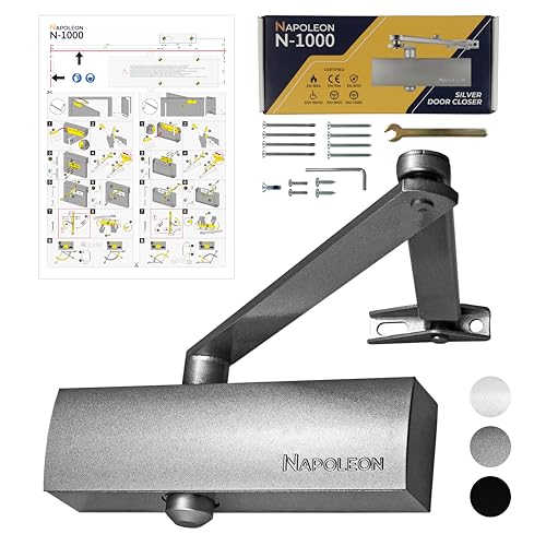 NAPOLEON N-1000 Robuster Automatischer Türschließer - Kommerziell & Residential - Türen von 20Kg bis 60Kg Größe 3 - Bohrschablone - Einfache und Schnelle Montage (Silber)