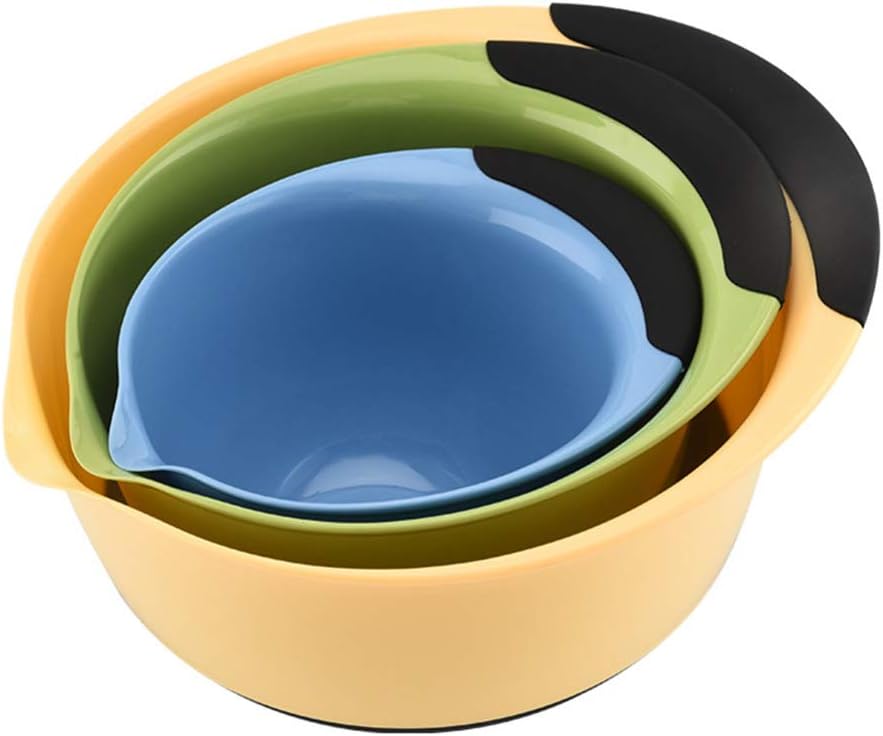 3pcs Plastic Mixing Bowl Set Nesting Mixing Bowls with Rubber Grip Handles Easy Pour Spout and Non Slip Bottom for Kitchen Baking or Salad