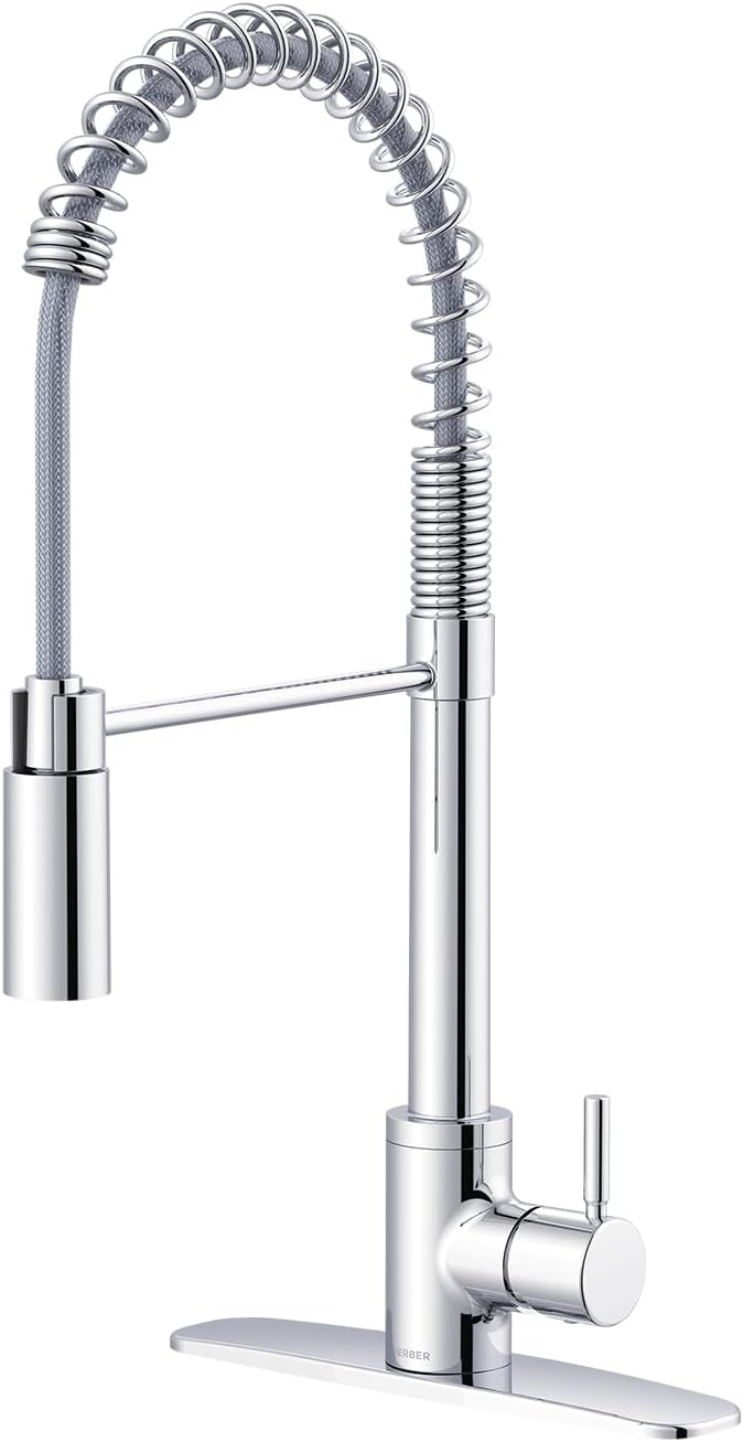 Gerber The Foodie Pre-Rinse Kitchen Faucet – Commercial Style, Single Handle, High Arc Pull-Down Spring Spout, Dual Sprayhead, Brass Construction, 1-Hole Install, Chrome, D451388