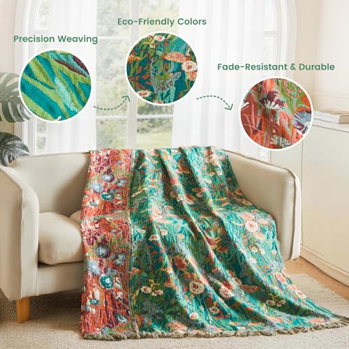 Image of MSGKV Boho Throw Blanket 60 inchx80 inch 100% Cotton Floral Blanket for Couch Sofa