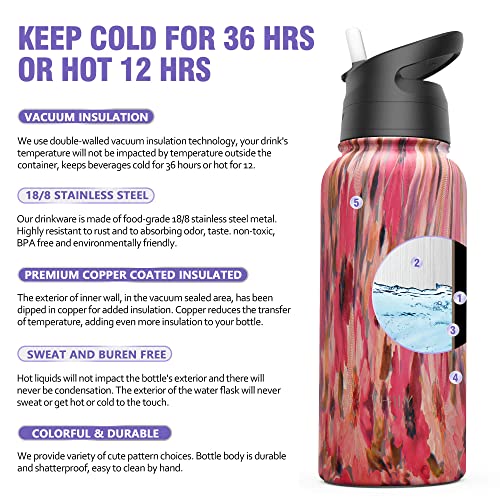 Stainless Steel Insulated Water Bottle - Thily Triple Insulated 32 Oz Leakproof Wide Mouth Water Flask With Straw & Flip Lids, Bpa Free, For Gym, Travel, Hiking, Watercolor Flower #TOP2