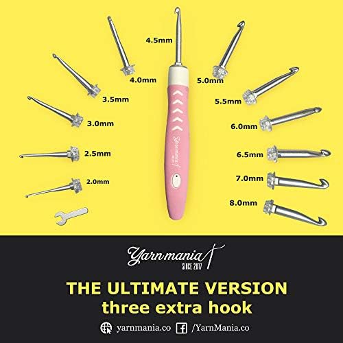 [2nd Gen] Yarn Mania Aiyana Crochet Hooks | Light Up Crochet Hooks w/ 12 Sizes Interchangeable Aluminum Heads | Ergonomic Curve Shape, Soft Handle and Two Brightness Settings (Light Pink Ultimate)