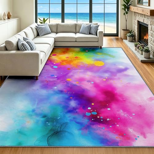 Tapis aquarelle moderne multicolore 60x90 cm poils courts lavable - 8