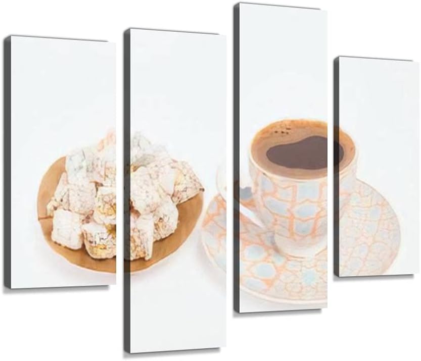 Canvas Print Artwork Turkish coffee on white ground next to traditional Turkish delight Wall Art Pictures Framed Digital Print Abstract Painting Room Home Office Decor Ready to Hang - 4 Panel