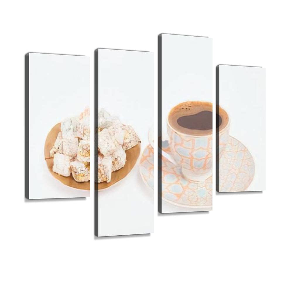 Canvas Print Artwork Turkish coffee on white ground next to traditional Turkish delight Wall Art Pictures Framed Digital Print Abstract Painting Room Home Office Decor Ready to Hang - 4 Panel