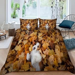 3D Leuke Puppy Eenpersoons Dekbedovertrek Set Esdoornbladeren Eenpersoons Beddengoed Sets Warm Comfort Microfiber Dekbedovertrek 135x200 cm met 2 Kussenslopen voor Jongens Meisjes Slaapkamer y.3817