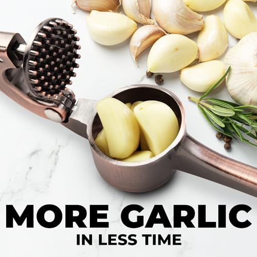 Image of Zulay Kitchen Large Premium Garlic Press Set - Bigger Bowl for Bigger Garlic - Rust Proof Garlic Mincer Tool - Easy-Squeeze, Easy-Clean Silicone Garlic Peeler & Brush (Copper)