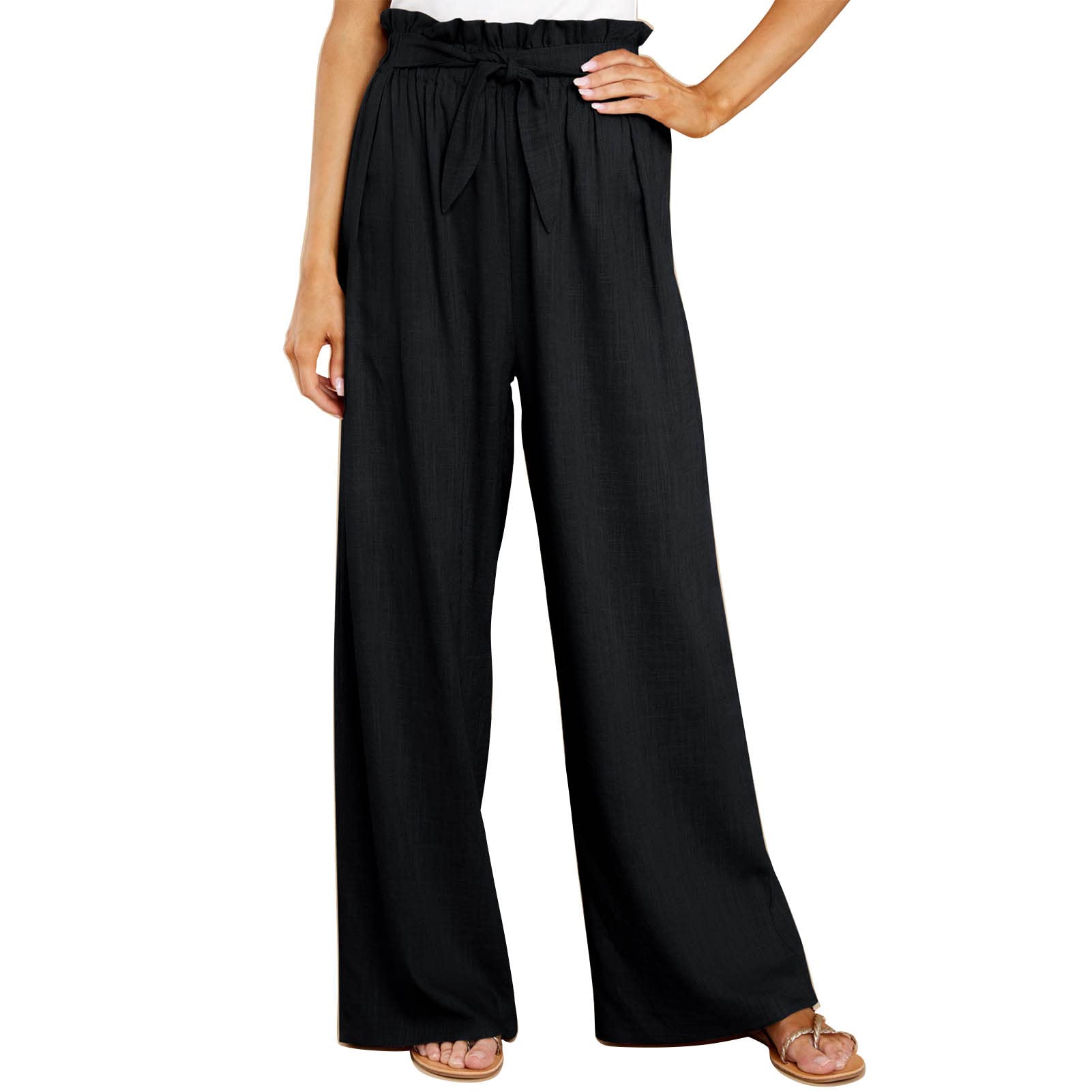 Cocoarm Women Wide Leg Casual Pants Elegant Long Lounge Palazzo with Belt Straight Loose S-Black
