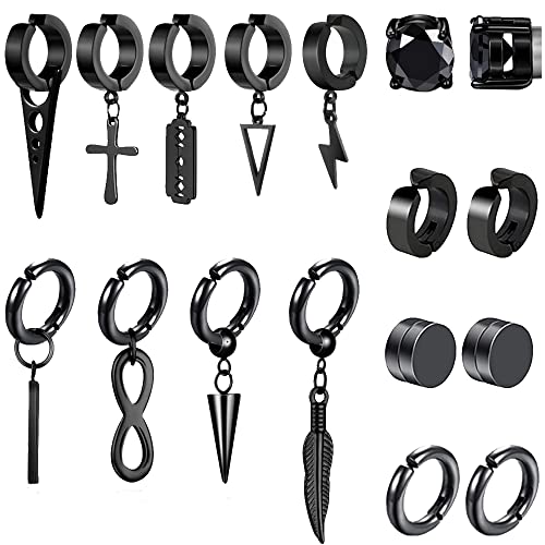Samoco 17Pcs Clip On Hoop Earrings For Men Women Stainless Steel Fake Non Piercing Dangle Earring Black Clip On Huggie Hoop Earrings #TOP18