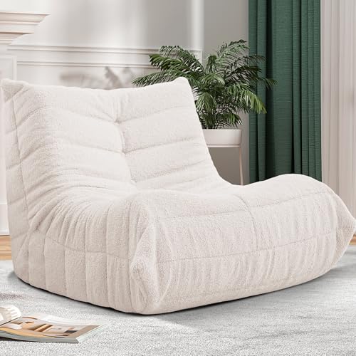 El Mejor Listado de Sillon Tipo Puff - los preferidos. 41 Cansunna - Puf sillón grande tipo bean bag para adultos, sillón tipo puf con relleno de espuma viscoelástica para hogar, departamento o lugar de juegos (peluche blanco)