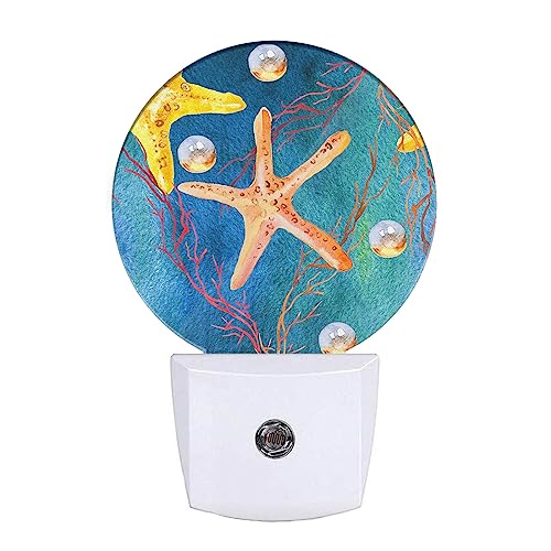 Image of EKOBLA Seashell Pearl and Starfish Night Light, Summer Teal Blue Night Lights Plug Into Wall with Dusk to Dawn Light Sensors, Coastal Nightlights for Bedroom, Bathroom
