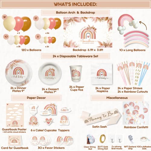 408 PC Boho Baby Shower Decorations for Girl - Backdrop, Balloon Arch Garland, Plates, Napkins, Straws, Sash, Cake Toppers, Guestbook, Confetti, Favor Stickers - Rainbow Baby Shower Decorations - Thumbnail 2