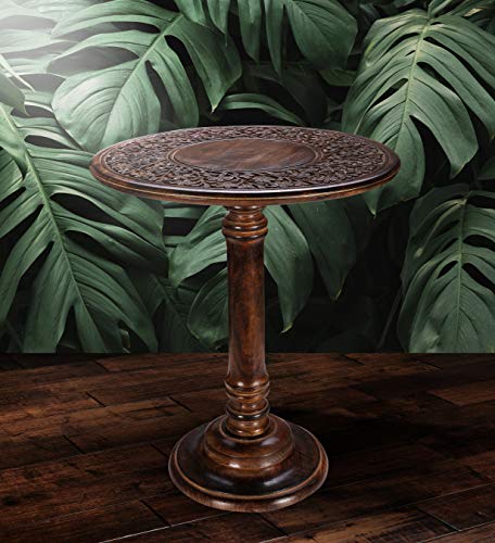 Wooden End Table for Living Room - 18x22 Burnt Finish Carved Side Table, Single Pillar Nightstand, Bedside Table for Books, Plants, Magazines, Small Space Accent Table - Image 2