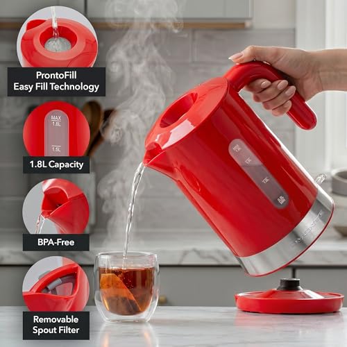Image of OVENTE 1.8L Electric Kettle, BPA-Free with Easy-Fill Lid, Red KP413R | 1500W Fast Boiling Water Heater, Auto Shut-Off, Boil-Dry Protection, 360 Swivel Base, Clear-View Window, Removable Filter