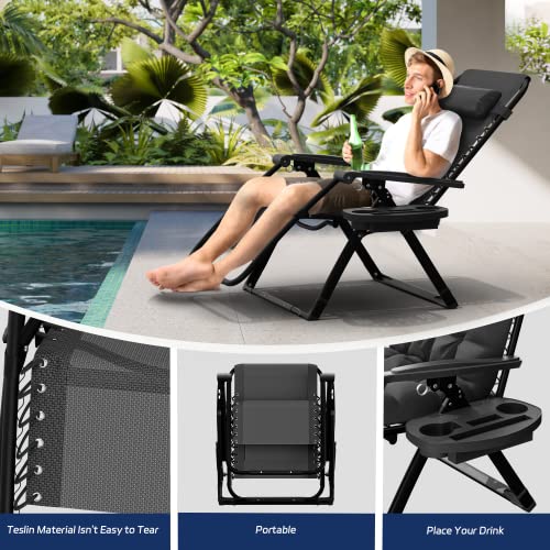Elevens Oversized Zero Gravity Chair, 28in Reclining Patio Lounge Chair with Removable Cushion & Tray, Adjustable Headrest, Support 450 lbs, Black - Thumbnail 4