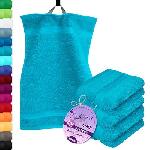 Lashuma 4X Gästetuch 30x50 cm, Handtuchset Blau - Aquamarin, Linz Handtücher klein