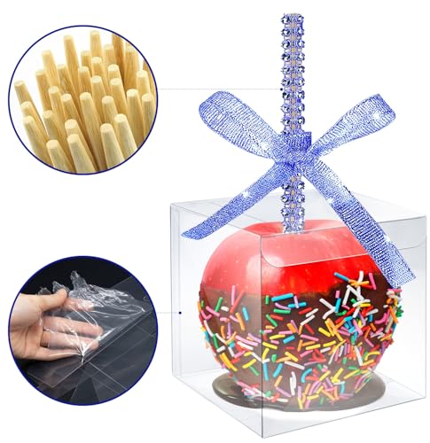 20 Stück Cake Pop Stiel, Candy Apfel Schachteln mit Glitzerstick-Loch Set, Karamellapfel-Verpackungsset mit strassbesetzten Bambusspießen & Glitzerbändern für Cake Pop Schokolade Behandlung (Blau)