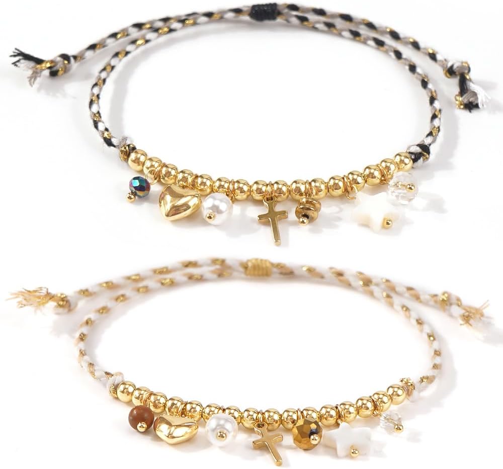 2PCS/set Two-color Rope Pearl Cross Heart Star Adjustable Bracelet for Women,Charm Beads Couple Bracelet,Handmade Fashion Jewelry Gifts