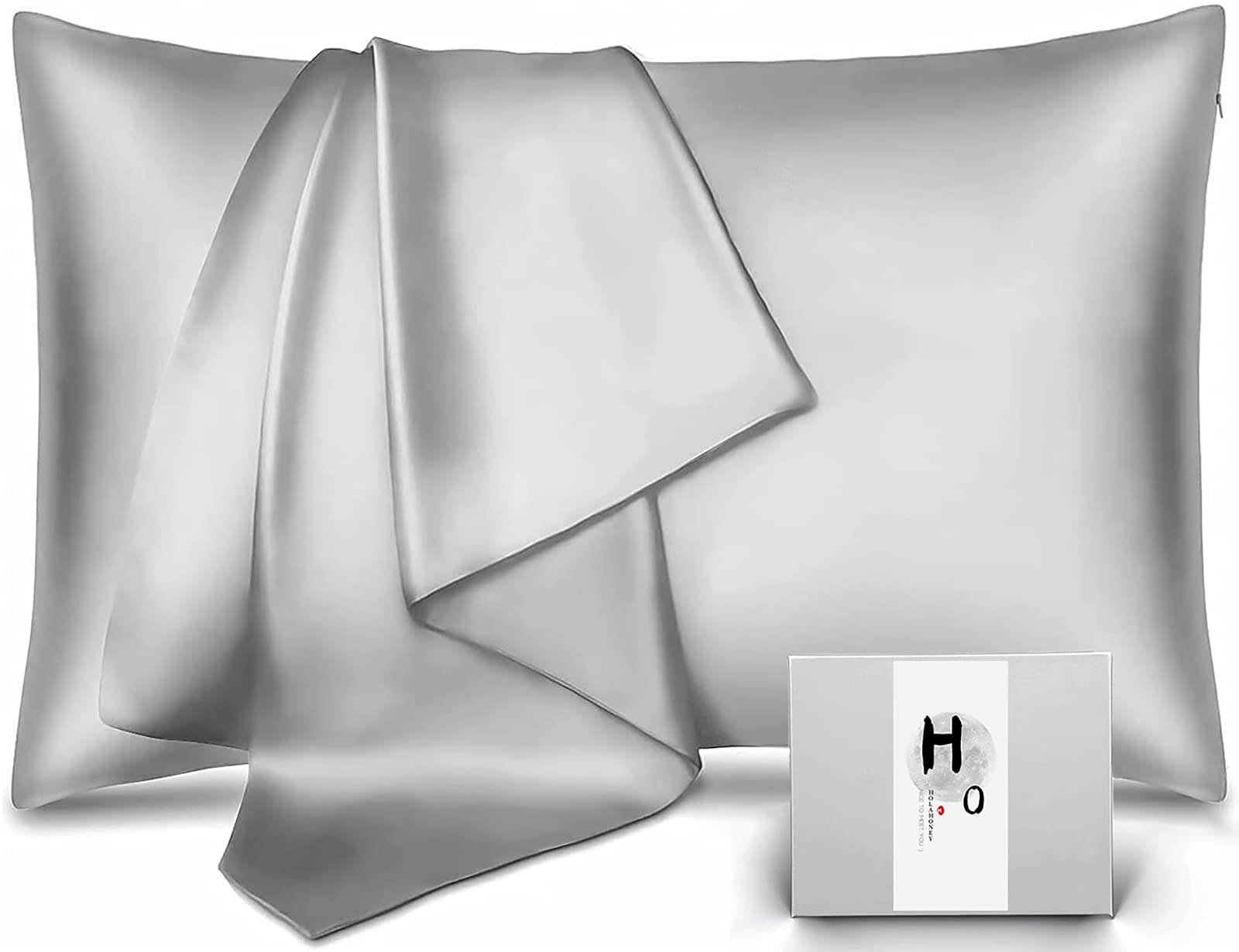 Holahoney 100% Pure Mulberry Charmeuse Silk PillowCases with both side 19 Momme 600 Thread Count Hypoallergenic Soft Breathable silk for Skin & Hair Hidden Zipper 1 pc Queen Size with Gift Box (Gray)