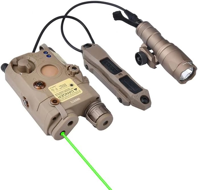 Green/Red PEQ-15 Plastic Laser Dot IR Sight with M300A Flashlight & Dual Control Remote Pressure Button Switch，300 Lumen White LED Scout Torch Lights，Fits for Standard 20mm Rail System Mounting，Tan
