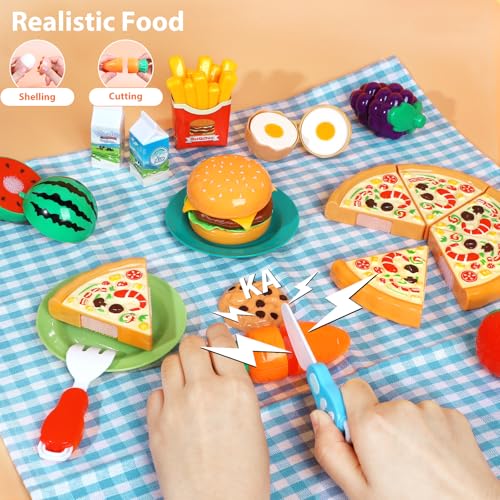 Image of Kids Picnic Basket, Toy Food for Toddlers 1-3, Play Food Sets for Kids Kitchen Role Playset with Carry Case Fake Food Fruit Play Kitchen Accessories, Birthday for Toddler Girls Boys