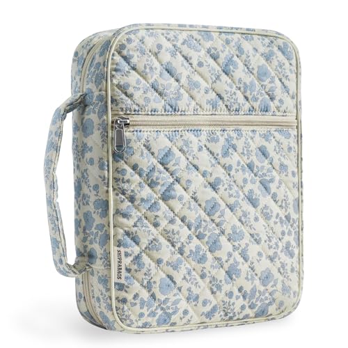 shirabags Quilted Bible Cover Case for Women - Elegant Cotton Bible Bag for Study, Church, Christian Gifts for Women(Blue Floral, M)