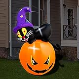 BLOWOUT FUN 5ft Inflatable Halloween Cute Black Cat with Pumpkin Decoration, LED Blow Up Lighted...