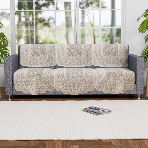 Image of Kuber Industries (Set of 6) Stylish & Durable Cotton Sofa Covers 3 Seater | Washable Sofa Protector /Mat | Suitable Slipcover for Living Room & Office | Zig Zag Design - Cream