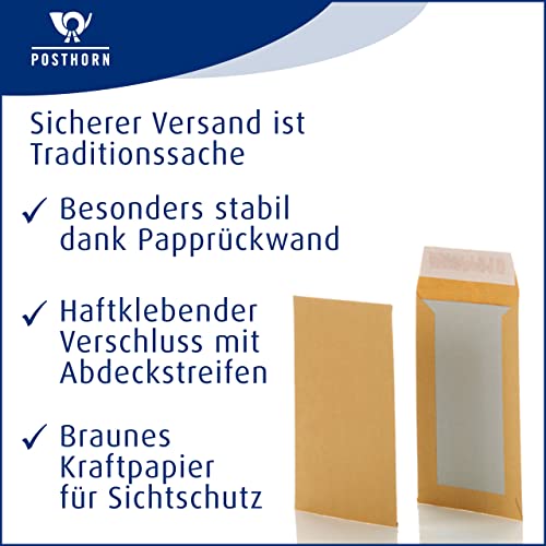 POSTHORN Papprückwandtasche C5 (250 Stück), haftklebende Versandtasche mit Papprückwand, braune Versandtaschen mit Rückwand aus Graupappe für starken Halt, 229x162 mm, 90/450g/m², Mittel