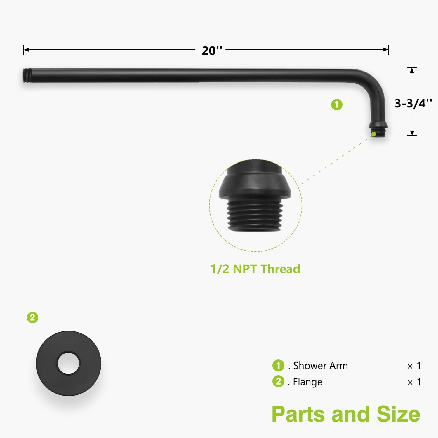Naiture 90 Degree Shower Head Extension Arm, 20 inch Length Wall-Mount Rainhead Arm with Flange, 1/2 NPT Threaded Connection, Brass, Black Finish