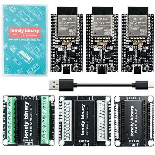 Image of Lonely Binary 3-Pack ESP32 Gold WiFi BT 3 Expansion Bases for Arduino IDE | WS2812 RGB LED on GPIO2; 3 bases: 2.54mm GPIO, screw & non-screw terminal; USB-C, pre-soldered, no solder; cable + case
