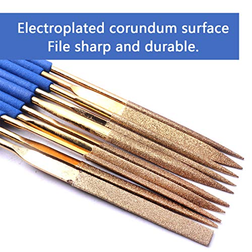 Atoplee Mini Needle File Set,10Pcs 3X140Mm Titanium Coated Diamond Files For Metal Glass Wood Stone Jewelry, Includes Round,Half Round,Triangular, Square,Flat, Warding Shape #TOP2