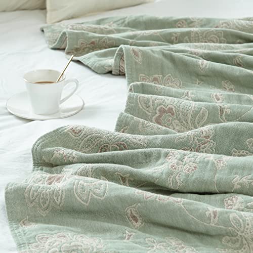 Jinchan Boho 100% Cotton Blanket Muslin Lightweight Twin Size 4-Layer Quilted Throw Blanket For Couch Soft All Season Floral Blanket Throw Cotton Coverlet Blanket For Living Room Decor Green 60”X80“ #TOP7