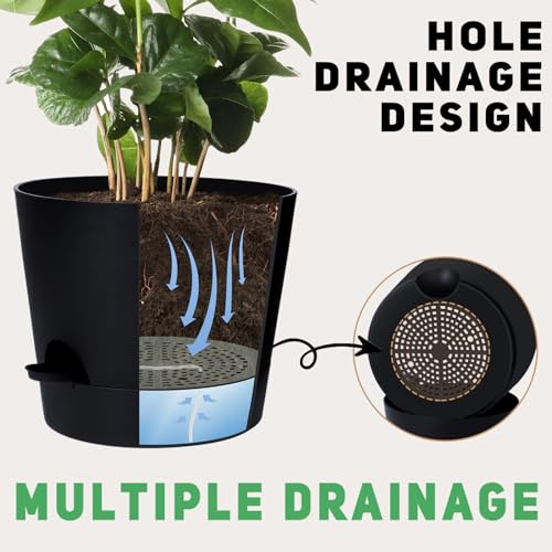 YNNICO 12 Inches Indoor Self Watering Planters with Drainage Holes and Saucers, 4 Pack (Black)