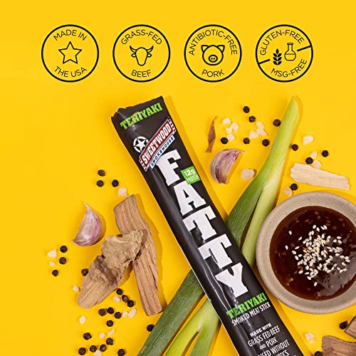 FATTY Meat Sticks, Made with Grass Fed Beef, Pork Raised Without Antibiotics, 12g Protein Per Stick, Teriyaki, Stocking Stuffer, 2 oz. (Pack of 20)