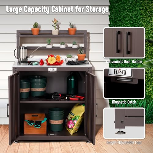 Garden Potting Bench with Storage Cabinet,Outdoor Gardening Table & Work Bench for Plants, Horticulture,Outdoor Workstation with Stainless Steel Tabletop,Outdoor Work Table with Elevated Rack