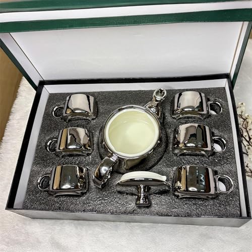Image of DMRD MART-Porcelain Tea Set with Kettle |Tea Cup Set of 6 | Aesthetic and Classic Cups Set | Premium Crockery for Home & Gifting with Golden Color Geometric Pattern Design