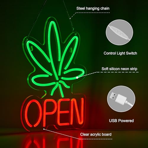 Image of Marijuana Open Neon Sign for Wall Decor Hemp LED with Dimmable Switch Sign Man Cave Art Bars Beer Cannabis High Life Neon Signs Light, Red+Green