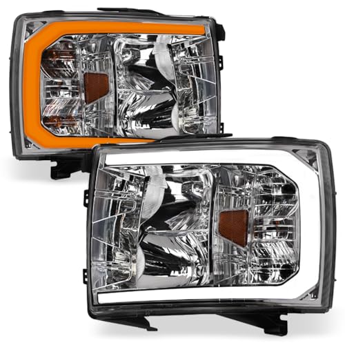 TLAPS 7422450330347 Compatible With 2007-2013 Chevy Silverado 1500/2007-2014 2500 3500 HD Switchback Sequential LED Strip Bar Chrome Housing Headlights With Amber Reflector