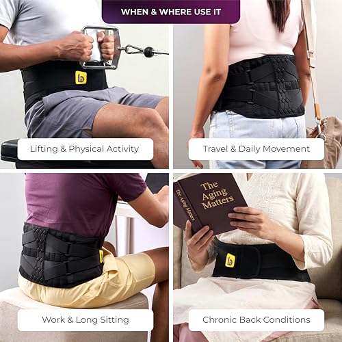 Image of betterhood Premium LS Back Support Belt for Back Pain, Orthopedic Waist Support | EasyMove StableMax Design with 8 Stabilizers, Central Rigid Contour, Light AeroMesh, Adjustable Compression (Size L)