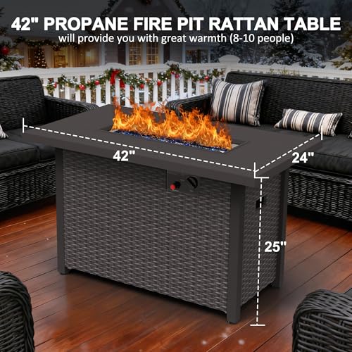 Kecreque 42\" Propane Fire Pit Rattan Table 50,000 Btu Gas Fire Pits for Outside Patio w/Lid & Explosion-Proof Blue Glass Stone for Firepit Table forBackyard Evening Gatherings on Deck Gardens - Thumbnail 2
