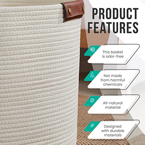 Organizix Large Cotton Rope Laundry Hamper Woven Basket With Leather Handles, Storage Basket For Toys, Blanket, Throws, Pillows And Towels - 16 X 18, Cream #TOP3