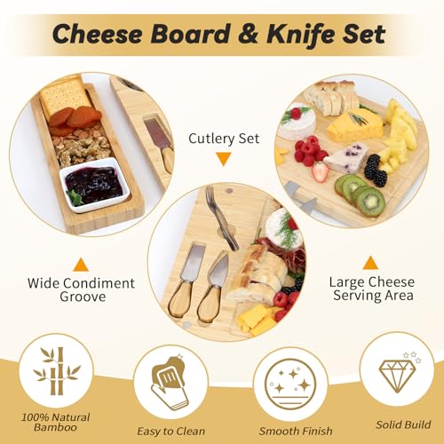 Charcuterie Boards Set, 100% Bamboo Cheese Board Set with Knife Cheese Platter - Tray with Cutlery, Fruit Tray and Bowl, House Warming Gifts New Home by BEAUPLUS - Image 2