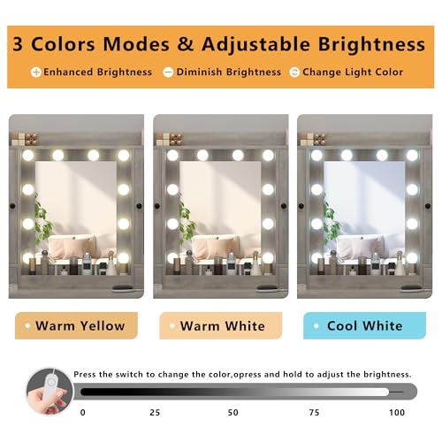 Image of Wodeer Vanity Desk with Mirror and Lights, 43 inch Grey Makeup Vanity Set with 5 Drawers & Glass Cabinets, Makeup Tray, Power Outlet & Adjustable LED Lights, Dressing Table for Women & Girls Bedroom