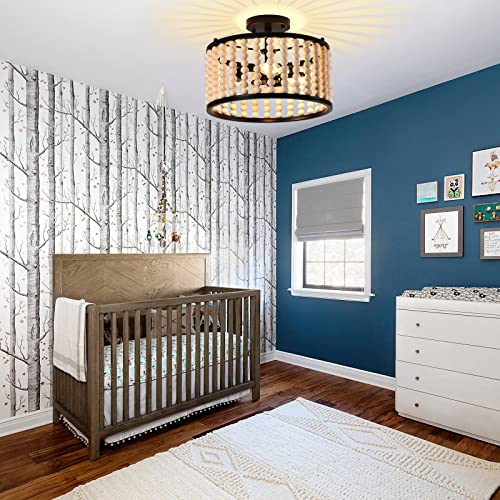 Lanhall Boho Chandelier Semi Flush Mount Ceiling Light Modern Farmhouse Wood Beaded Chandelier 3 Light Fixture For Bedroom Nursery Foyer Bathroom Laundry Kitchen Dining Room E12 Base Oak Black #TOP6