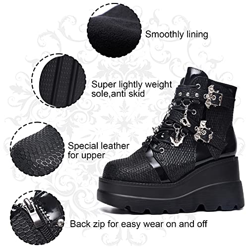 Gothniero Platform Goth Ankle Boots for Womem Black Holographic Combat Chunky Heel Boots with Side Zip Lace Up Wedge Booties US5.5-114