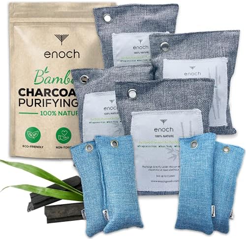 Enoch Bamboo Charcoal Air Purifying Bags (8 Packs) Activated Odor Moisture Absorber, Natural Air Freshener. Air Deodorizer Dehumidifier Bags for Homes, Cars, Shoes, Fridges, Closets (4x200g+4x50g)