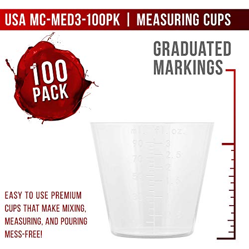 Pouring Masters 3 Ounce (90Ml) Graduated Plastic Measuring Cups (100 Clear Cups & 25 Mixing Sticks) - For Acrylic Paint, Resin, Epoxy, Art, Kitchen, Cooking, Medicine, Laboratory - Oz, Ml Measurements #TOP1