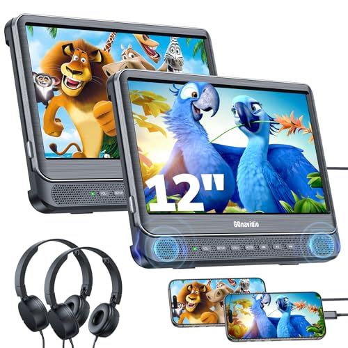 GOnavidio 12' Dual Car DVD Players with HDMI Input, Car TV Screen with Headphones, Mounting Brackets, Support Sync TV/Phone, USB/TF Card, MP4/MKV, Play Same/Different Movies, Dual Speakers, No Battery